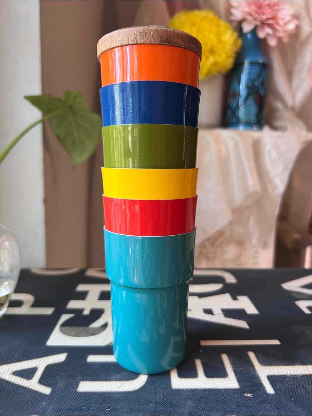 Vintage Stacking Shot Cups w/ Wooden cap Cool Colors cups are pristine!